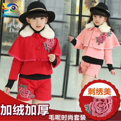 童装女童冬季呢子套装时尚中国风花朵刺绣毛领两件套新品15222