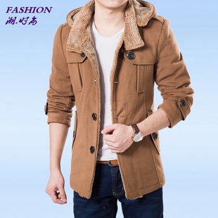 2015秋季新款男士连帽中长款呢子大衣韩版修身型青年休闲风衣外套