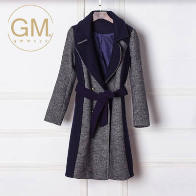GMMCYY2015冬装新款女装拼色羊毛呢子大衣中长款毛呢外套系带6592