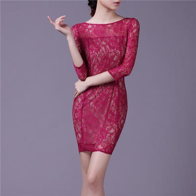 欧美2015秋季新款玫红色修身包臀蕾丝女装大码连衣裙厂家直销免邮