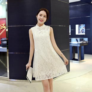 2016夏季新款女装韩版蕾丝女裙立领裙女通勤中长裙白色黑色连衣裙