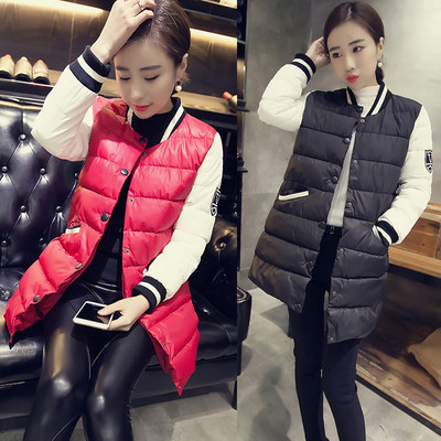 2015冬季韩版立领中长款拼接棉衣单排扣显瘦百搭棒球服外套女修身