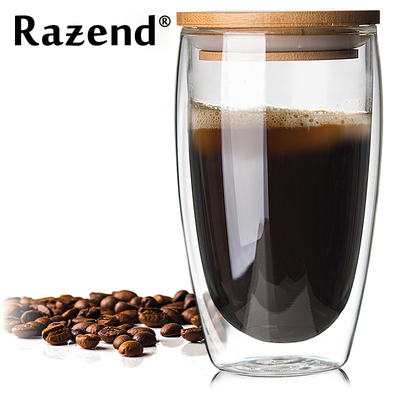 RAZEND/ 耐热透明双层带盖玻璃杯水杯咖啡杯茶杯杯子 450ml