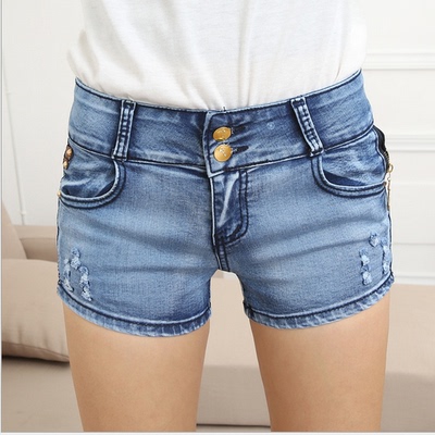 2015年夏季女装新款牛仔短裤中腰显瘦浅色短裤抓纹褶皱牛仔裤