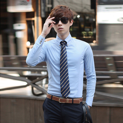 韩版修身男士长袖衬衫白色商务职业正装青少年纯色免烫衬衣工装男