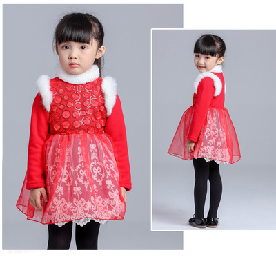 韩国女童连衣裙加绒加厚宝宝裙子秋冬儿童公主爱心新年装红色礼服