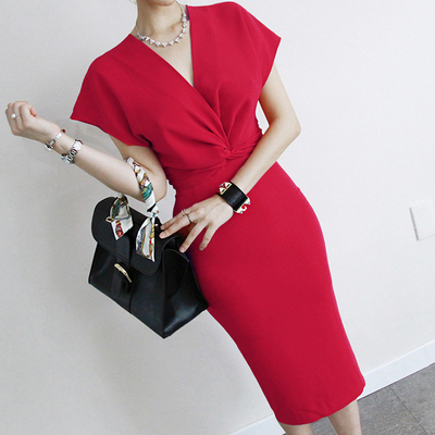 韩国红色针织包臀裙 性感V领蝙蝠袖礼服裙子 连衣裙夏天2015女