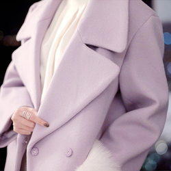 代购2015韩国气质名媛羊毛呢大衣女浅紫色冬装中长款宽松加棉呢子