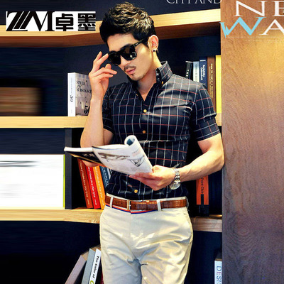 卓墨夏季男式格子短袖衬衫男士韩版修身时尚休闲商务弹力纯棉衬衣