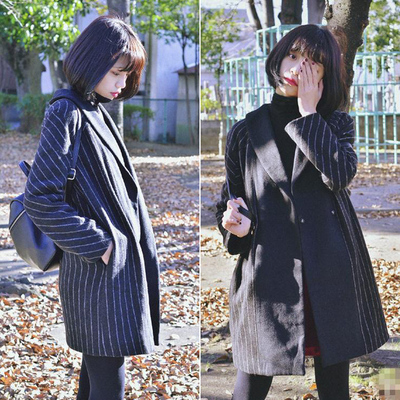 2015冬装新款宽松显瘦中长款毛呢外套韩版西装领长袖呢大衣女学生