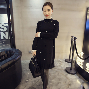 2015冬装新品 韩版钉珠蕾丝边百搭中长款长袖针织毛衣女潮