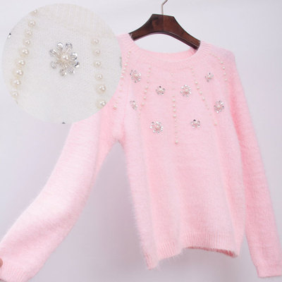 韩版秋冬新款女装短款手工花朵珍珠钉珠镶钻针织衫套头长袖女毛衣