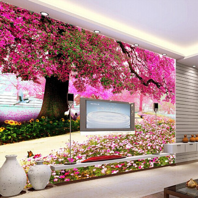 3D客厅沙发电视背景墙浪漫樱花树立体无缝大型壁画墙纸壁纸墙布
