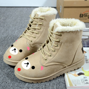 2015冬季韩版潮小熊涂鸦系带手绘雪地靴女 加绒保暖棉鞋学生靴子
