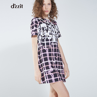 d'zzit地素 新款 甜美可爱拼接设计收腰翻领直筒连衣裙3M1O407