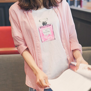 韩国代购2015秋装新款女装粉色棉麻衬衫宽松长袖亚麻开衫外套潮