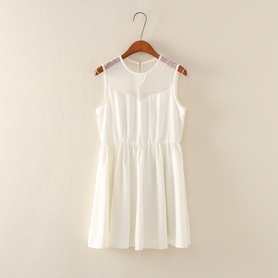 米薇气质品牌女装2015夏天通勤性感网纱拼接白色雪纺连衣裙显瘦