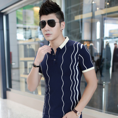 2015夏季男士短袖T恤青少年有领韩版半袖衫带领休闲上衣服潮男装