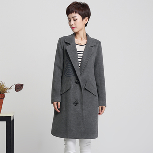 2015冬装新款女士时尚简约毛呢外套中长款印花修身呢大衣