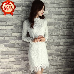 2016爆款韩版春装蕾丝打底长袖连衣裙半高领喇叭袖纯色蕾丝裙包邮
