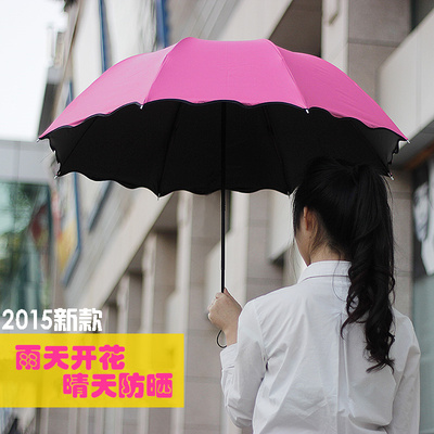女士太阳伞超强防晒 雨伞两用小清新室外遮阳伞 夏天黑胶遇水开花