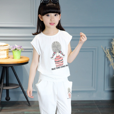 女童套装2016夏季新款韩版女童中大童短袖T恤中裤两件套卡通套装