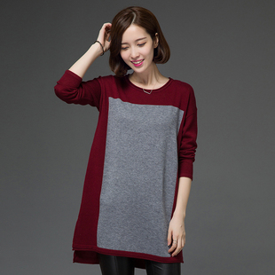 2015韩版秋冬新款女毛衣圆领宽松拼色打底衫中长款套头大码羊毛衫