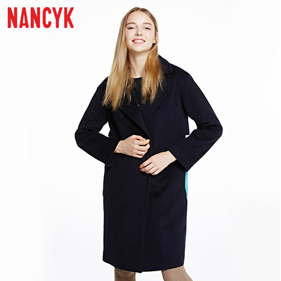 NANCY K冬修身显瘦长款拼色长袖西装领大衣56N1547001