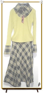 新款学院娴静派QXHY咖啡黄条纹格格假两件+波浪大裙摆2件套裙M