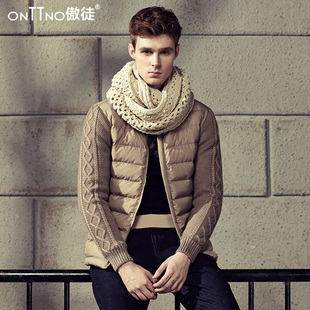 傲徒2015冬季新款 时尚立领针织拼接纯色修身休闲 男士棉衣外套