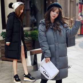 韩国冬装新款2016长袖加厚中长款棉服直筒拉链纯色大码连帽棉衣女