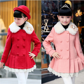 女童毛呢外套2015秋冬季新款韩版中大儿童羊毛呢大衣加厚外套风衣
