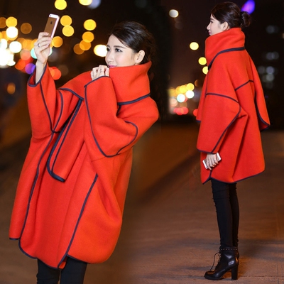 2015韩国秋冬装新款宽松版中长款斗篷羊绒毛呢外套大衣女253G219