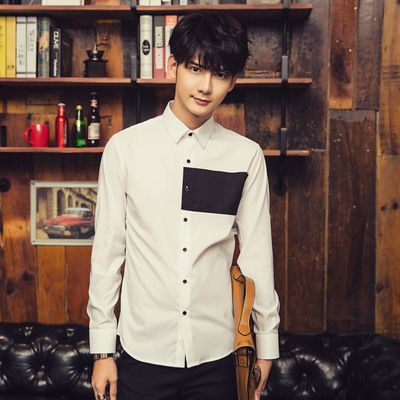 原创韩版男装衬衣 2016秋季新款男士长袖衬衫 尖领修身青年白上衣
