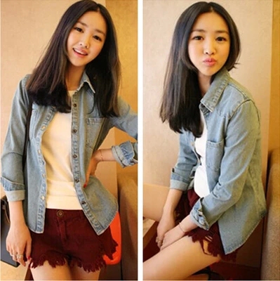 2016夏装韩版潮学生上衣翻领单排扣长袖牛仔衬衣衬衫女外套打底衫