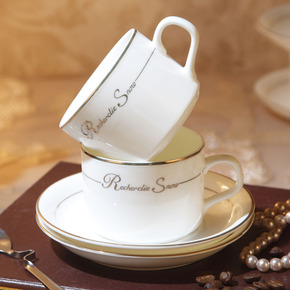 敏杨金边咖啡杯碟套装【送陶瓷搅拌勺】奶茶杯 欧式咖啡杯 陶瓷