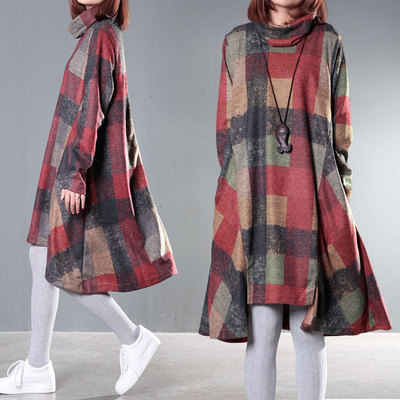2015秋冬新款韩版大码女装宽松堆堆领大摆裙长袖不规则格子连衣裙