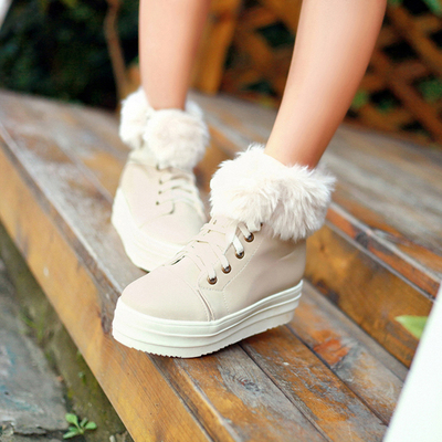 松糕鞋女雪地靴短靴系带冬季韩版短筒靴子女厚底靴防滑圆头靴女靴