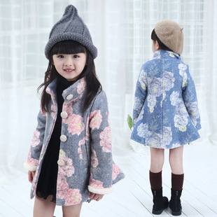 童装2015秋冬新款毛呢加厚外套韩版时尚女童花朵呢大衣中小童风衣
