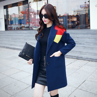 秋冬新款2015韩版女装时尚西装领拼色单排扣中长款呢大衣呢外套女