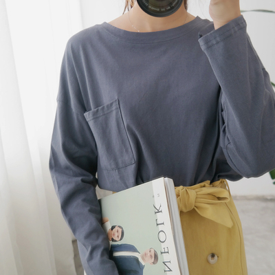 2016秋款韩国东大门纯色口袋背后镂空男友风宽松长袖T恤女