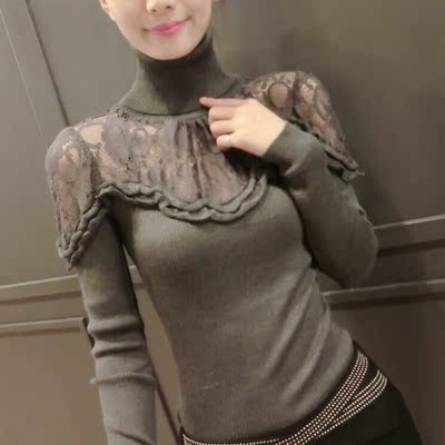 唯伊2014秋冬新款毛衣韩国高领羊毛衫修身蕾丝针织衫保暖打底衫潮