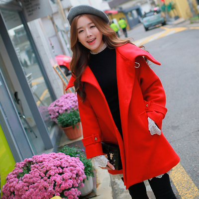2015冬季女装韩版宽松大码纯色呢大衣大翻领毛呢连帽呢子大衣外套