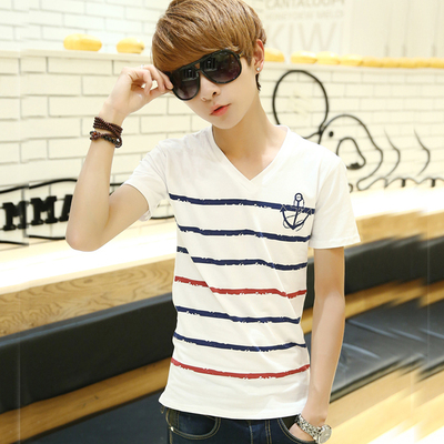 2015夏装新款韩版修身半袖条纹V领男士短袖青少年T恤小衫上衣 潮