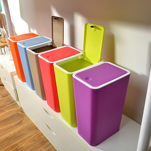 创意时尚卫生间垃圾桶 厨房客厅家用长方形塑料垃圾桶有盖糖果色