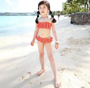 韩国精品女童比基尼泳装分体式泳衣带帽子套装橘红点点潮女宝童装
