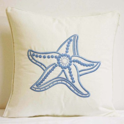 地中海风格抱枕套 帆布蓝白色海星 海洋主题刺绣花靠垫样板房沙发