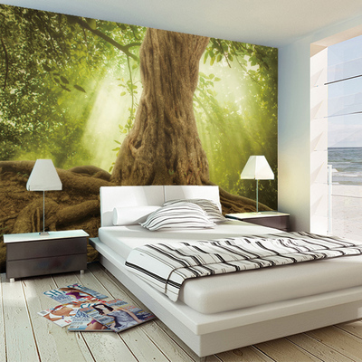 大树根田园墙纸绿色客厅沙发电视背景墙壁纸卧室温馨墙布风景壁画