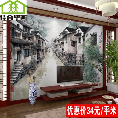 中式江南水乡小镇大型壁纸吴冠中水墨画客厅沙发餐厅电视背景墙