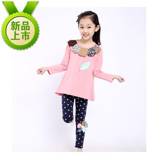 2016童装春装新款韩版可爱波点9分裤2件套女童花瓣圆领长袖套装